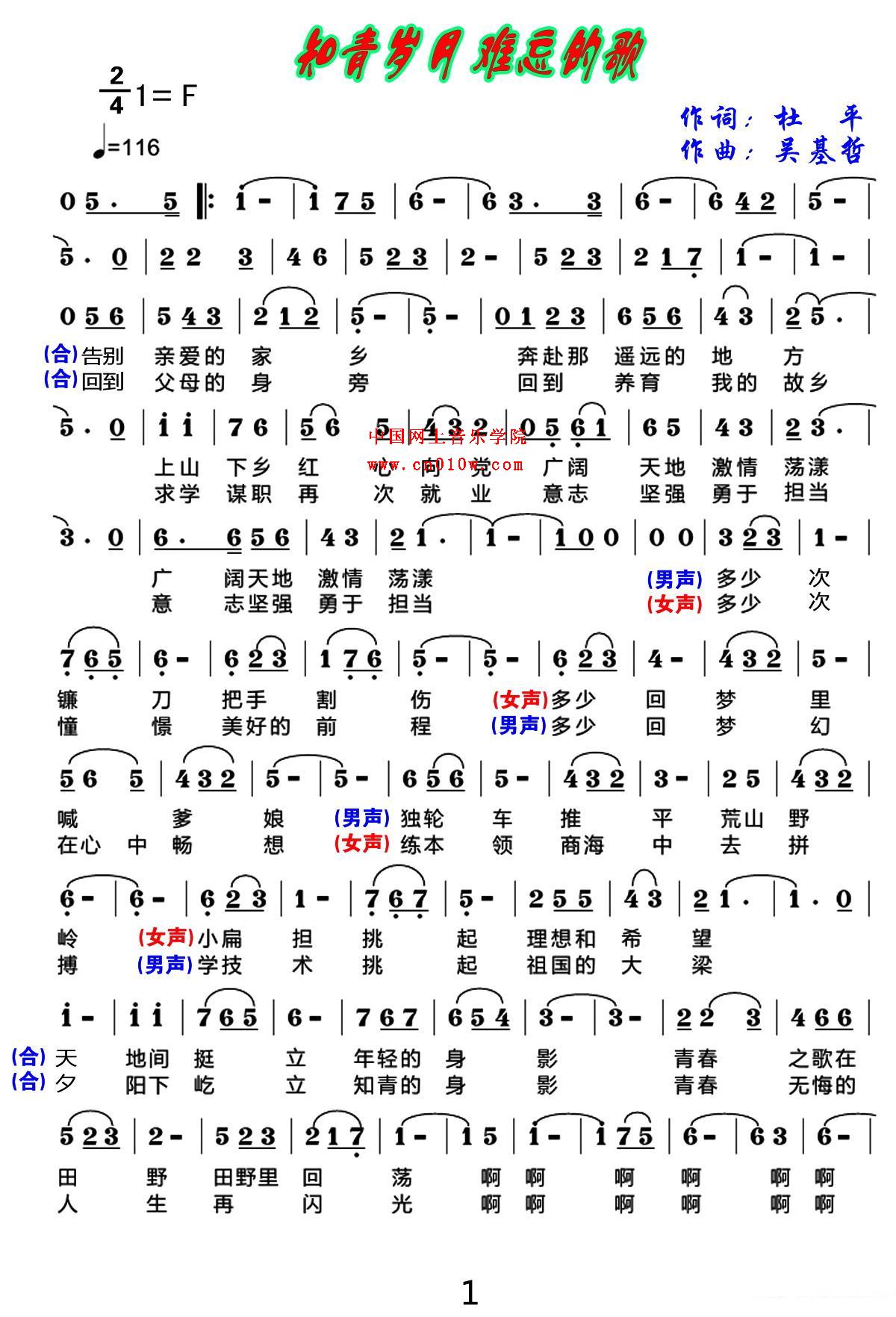 民歌曲谱 知青岁月难忘的歌01